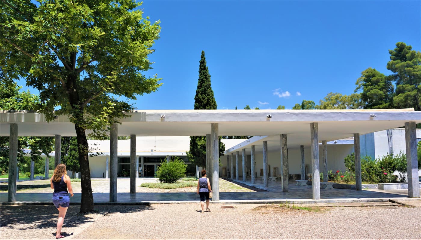 The modern entrance colonnade of the Archaeological Museum of Olympia