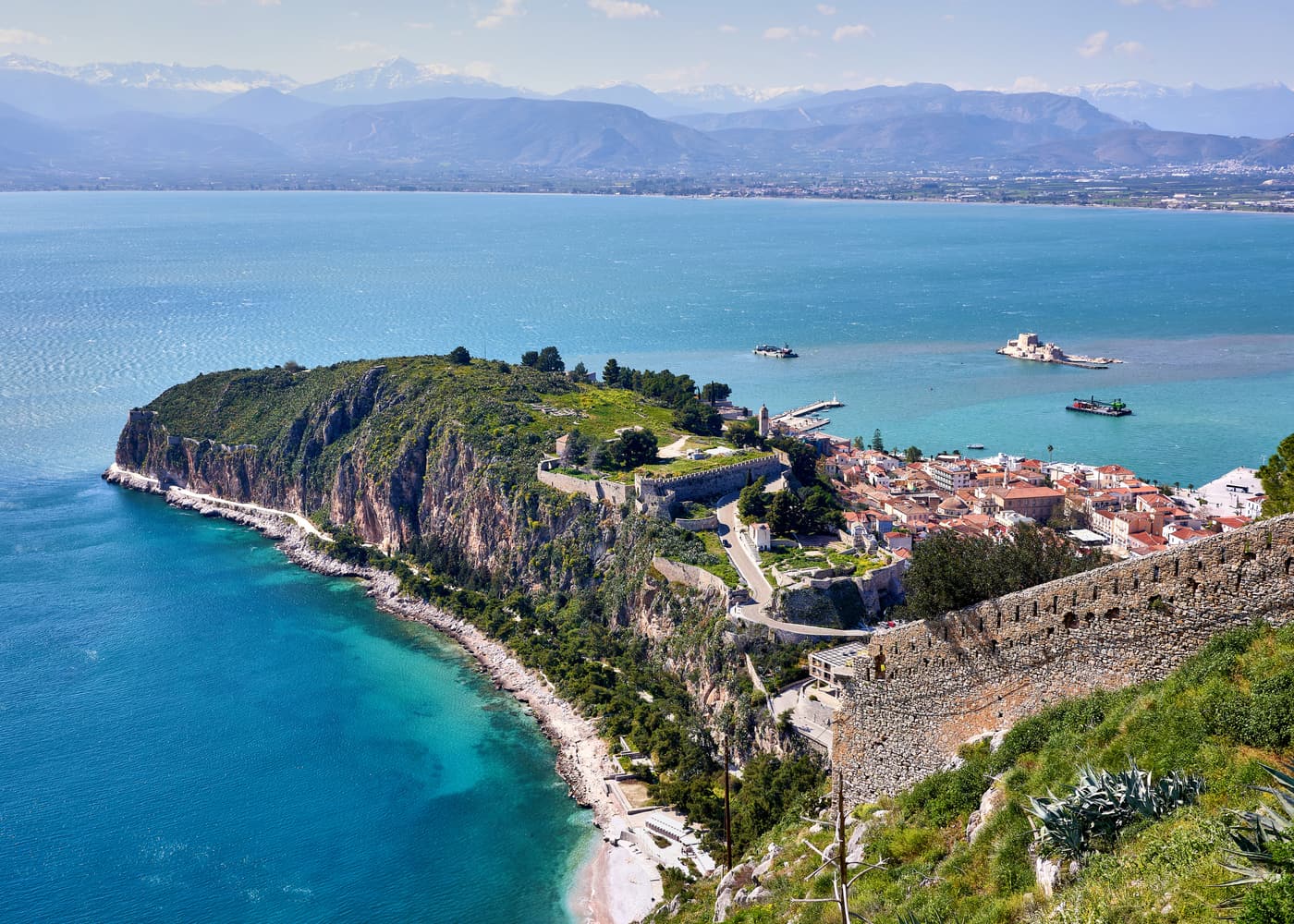 The old town of Nafplio and the Akronafplia peninsula seen from the Palamidi fortress