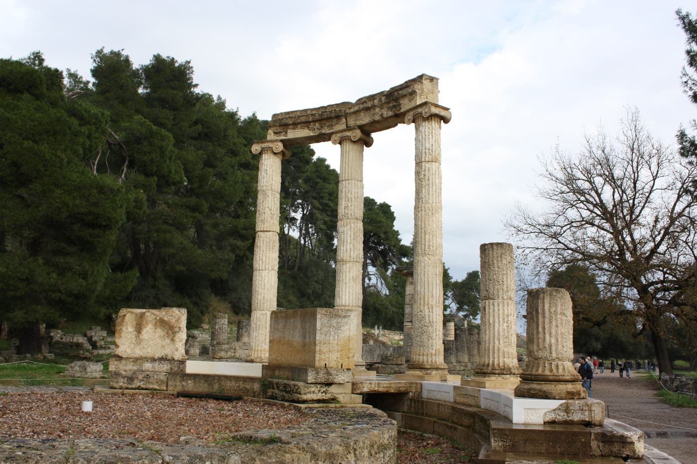 The circular Philippeion with its re-erected Ionic columns at Olympia
