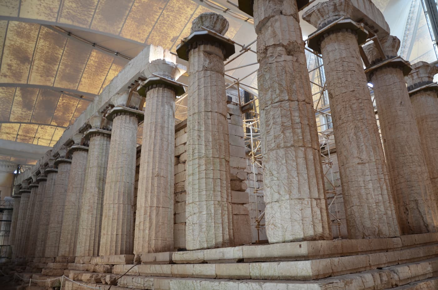 The Doric columns of the Temple of Apollo Epikourios at Bassae under its protective tent