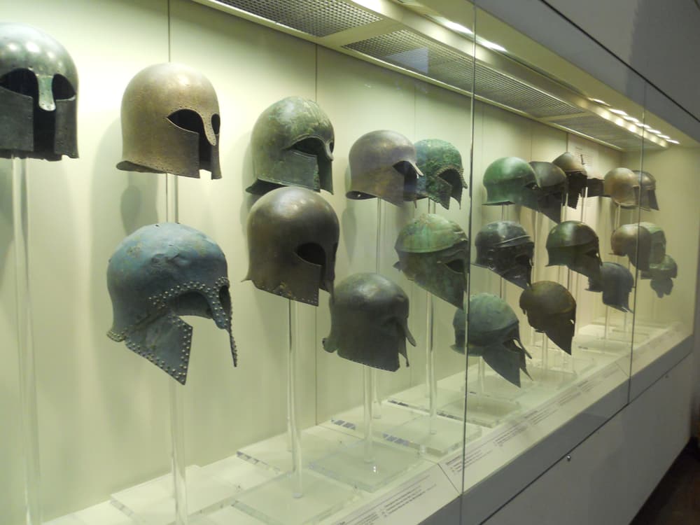 Ancient bronze helmets on display in the Olympia museum